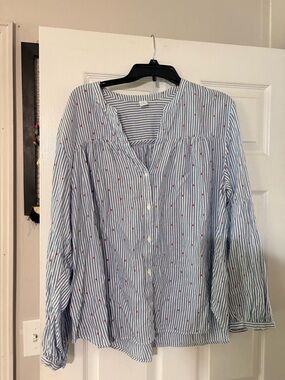 Old Navy Blue and White Striped Button-Down Shirt with Red Dot Print